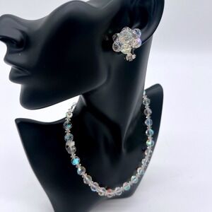 Vintage Aurora Borealis AB Crystal Necklace & Clip-On Earrings Set Faceted Beads
